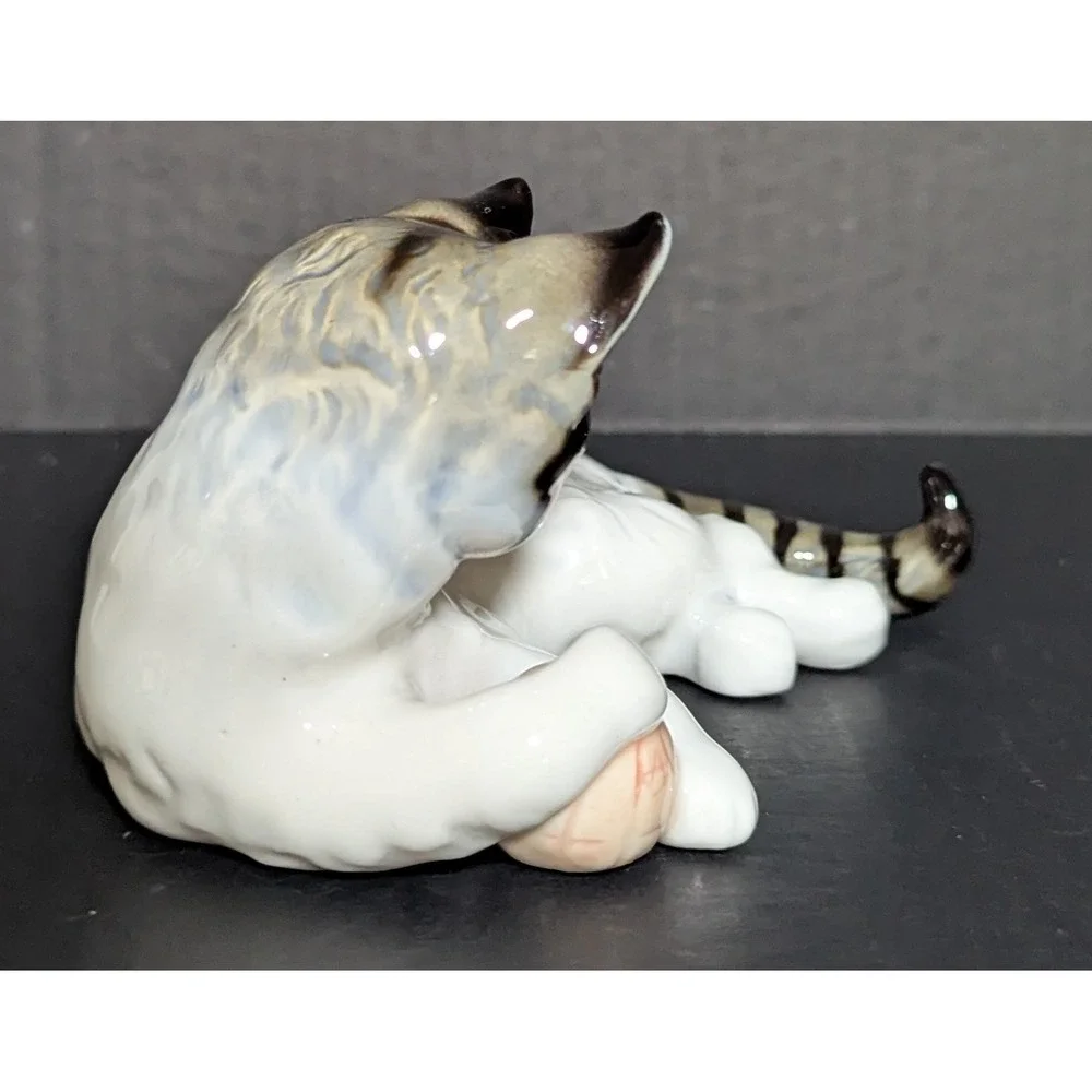 Sweet Porcelain Cat With Ball Numbered Figurine Hand-Painted High Gloss Finish